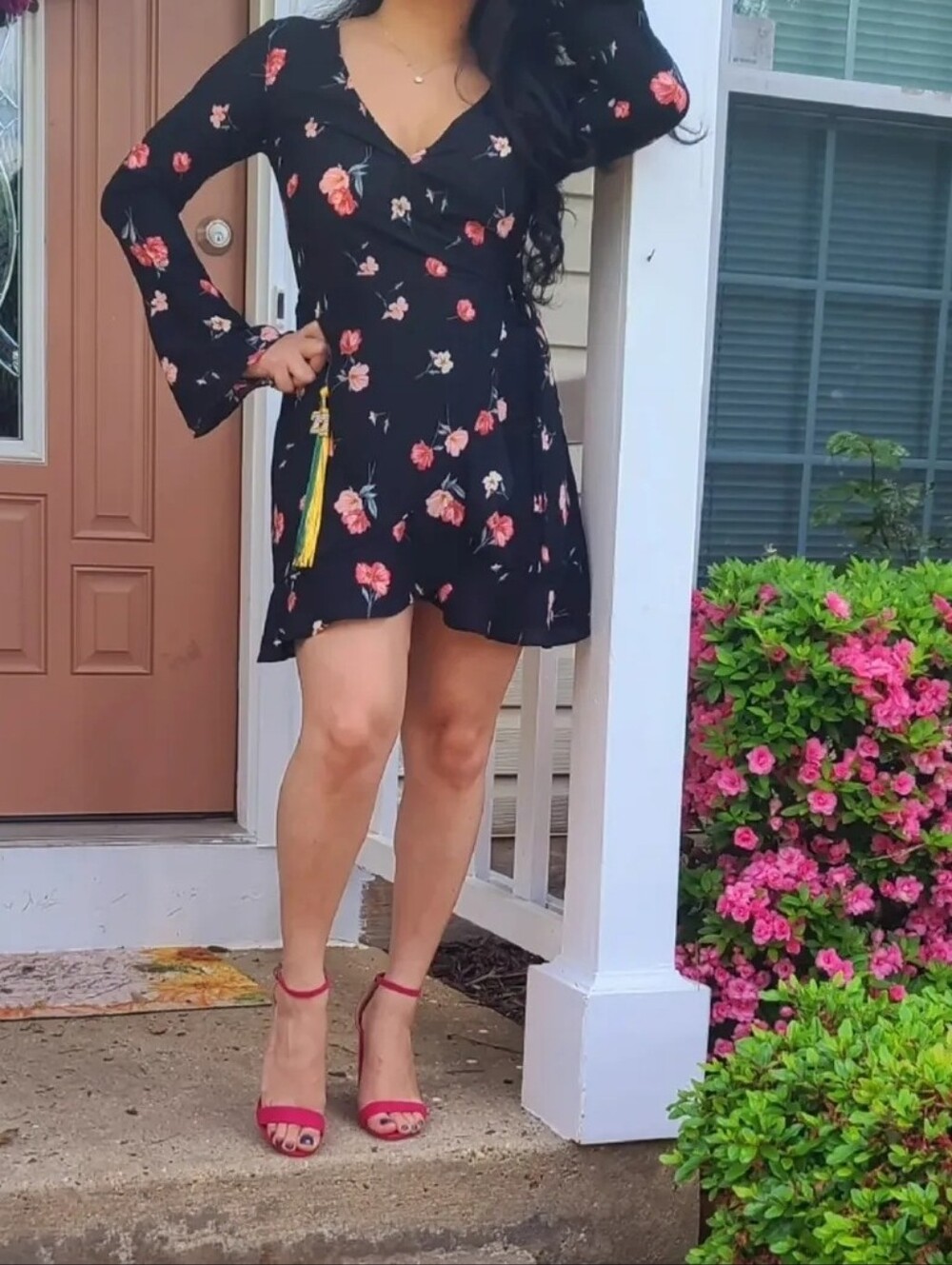 H&M Black Wrap Dress with Pink Floral Print
